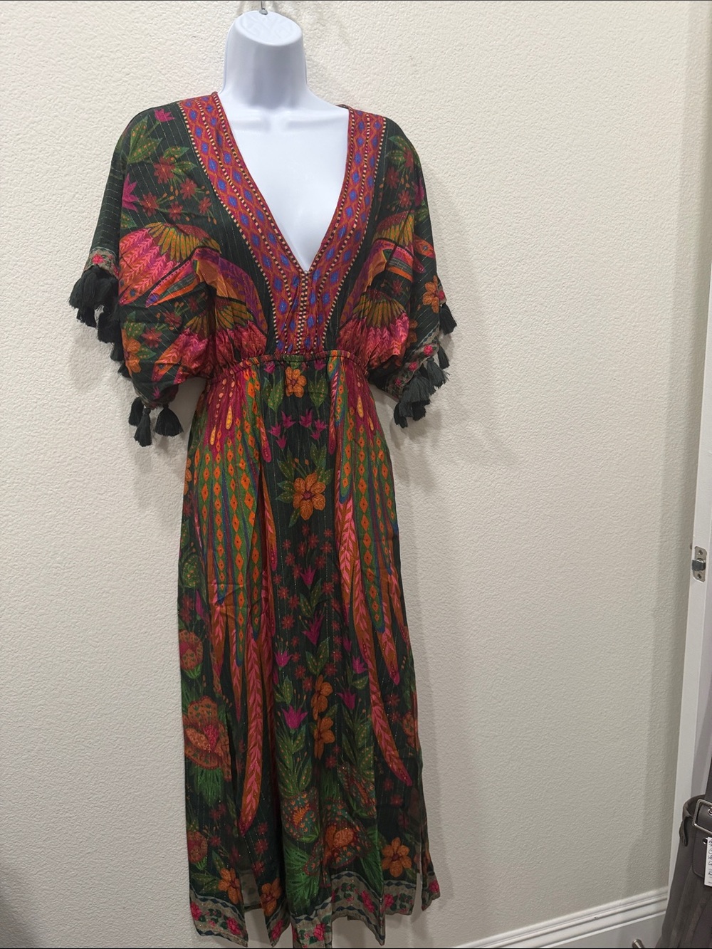 FARM Rio Dark Floral V-Neck Maxi Dress with Tassel Sleeves